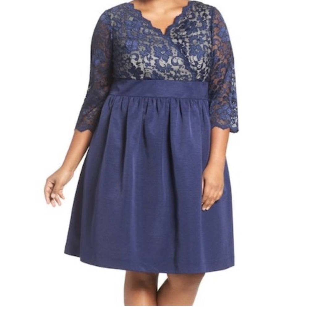 🕶️Eliza J Lace & Faille Black Semi Formal V neck Dress w pockets 14 - Picture 2 of 7